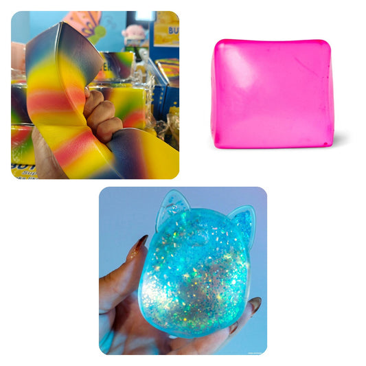 Squishy-pakke med Rainbow Butter XXL, Scrunchems Kæmpe Sugar Kube pink og Gelli Gels blå
