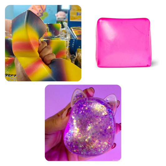 Squishy-pakke med Rainbow Butter XXL, Scrunchems Kæmpe Sugar Kube pink og Gelli Gels lilla